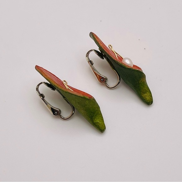 Handcrafted Calla Lily Clip Earrings With 14K Wire and Freshwater Pearl - Picture 6 of 11